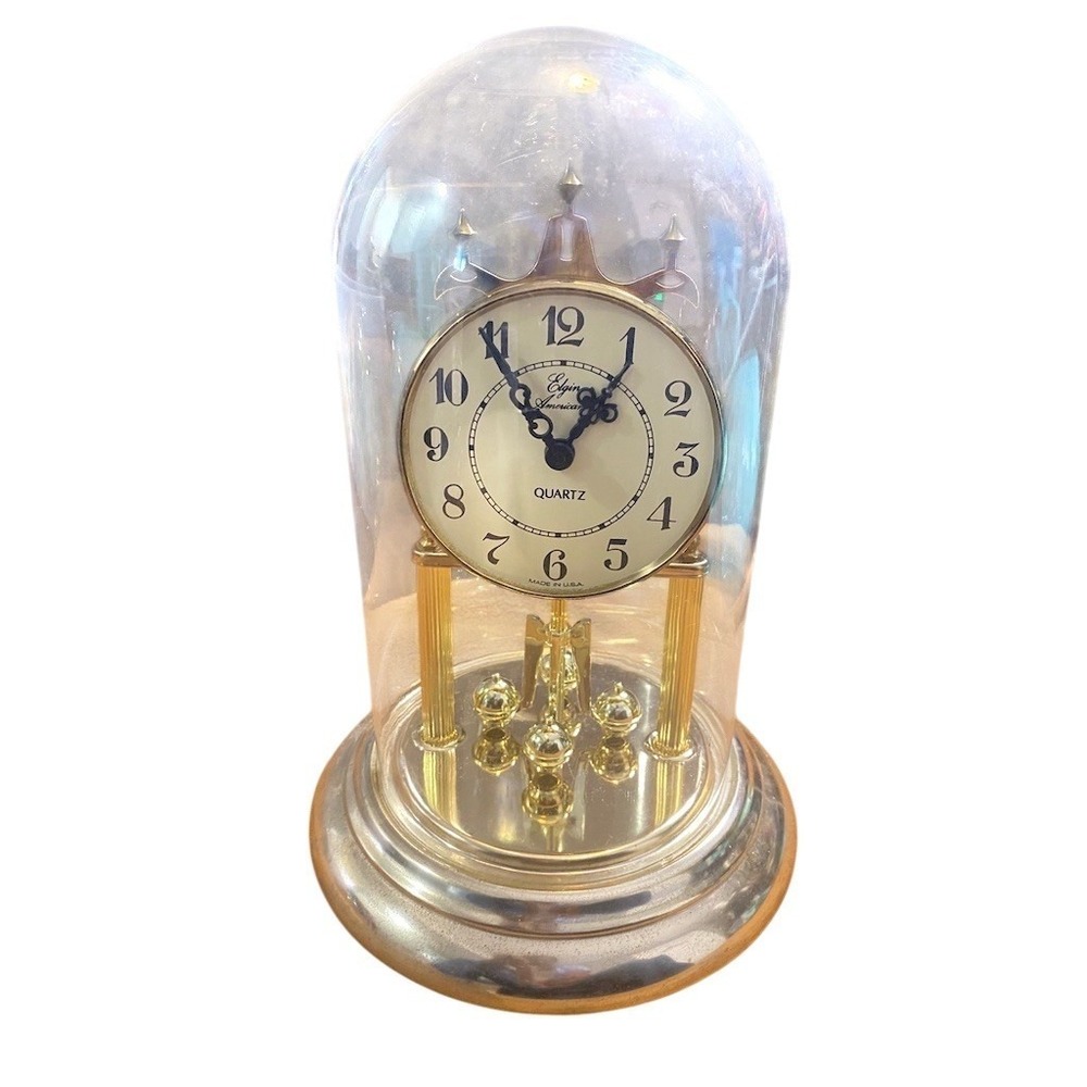 Elgin Quartz Anniversary Torsion Clock Gold Tone Glass Dome Rotating